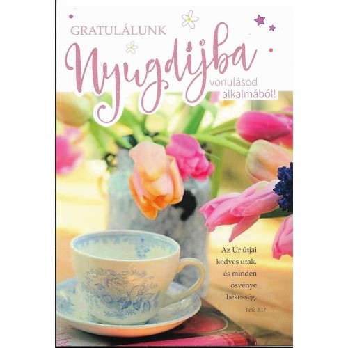 Borítékos képeslap: Gratulálunk - Nyugdíjba vonulásod alkalmából! (kávé/tulipán)