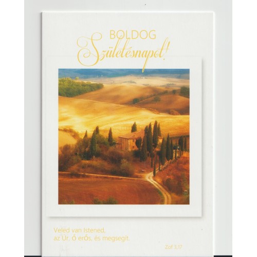 Borítékos képeslap: Boldog Születésnapot! (good news -ház dombos tájban)