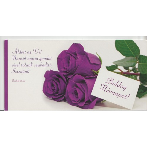 Borítékos képeslap : Boldog Névnapot ! (3 lila rózsa - Kérügma)