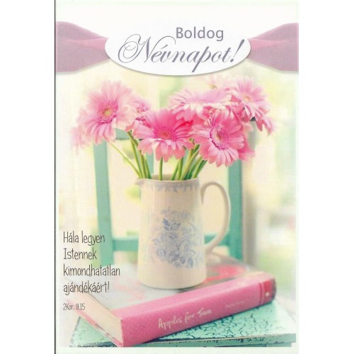 Borítékos képeslap: Boldog Névnapot! (könyv / vázában virág)
