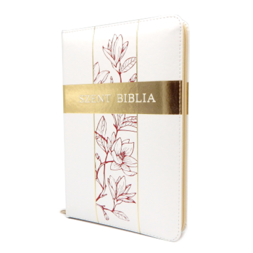 Biblia Patmos - Közepes - fehér liliommal - Cipzáros regiszteres